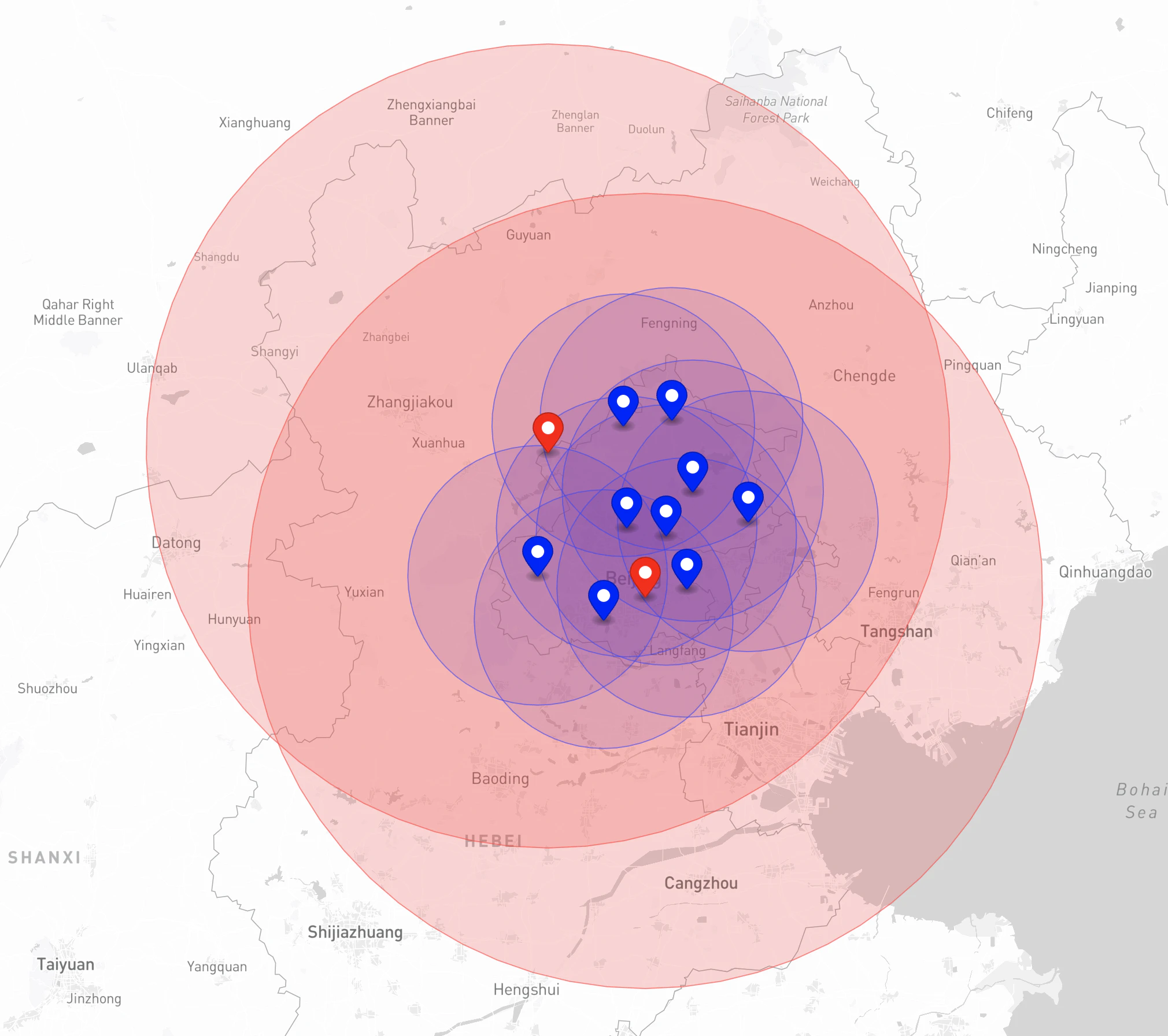 Distribution and Coverage of Beijing Meteorological Radars (Compiled from Public Sources).Author: ringsaturn.Map: © Mapbox © OpenStreetMap