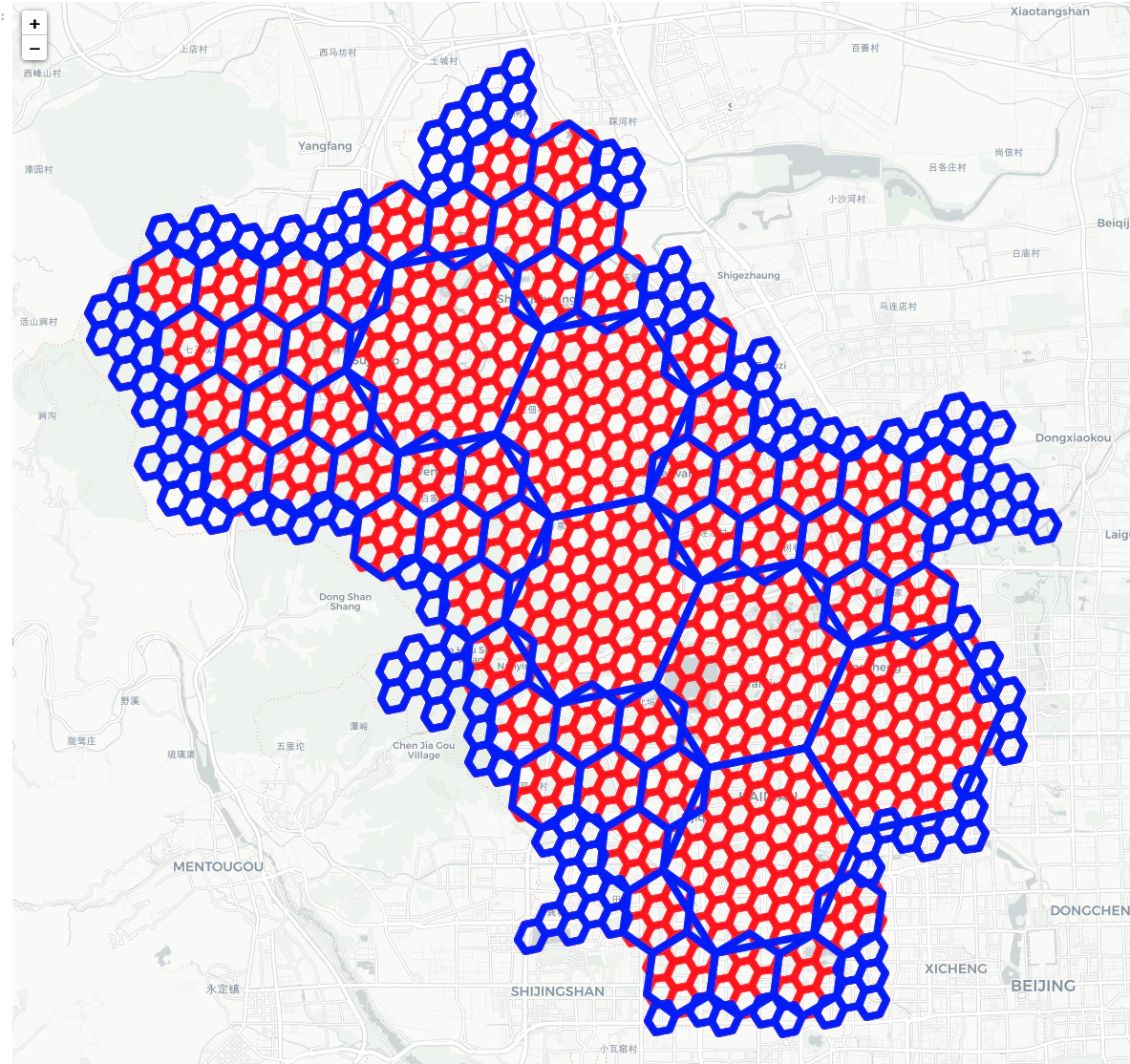 Red shows the original grid, blue shows after aggregation