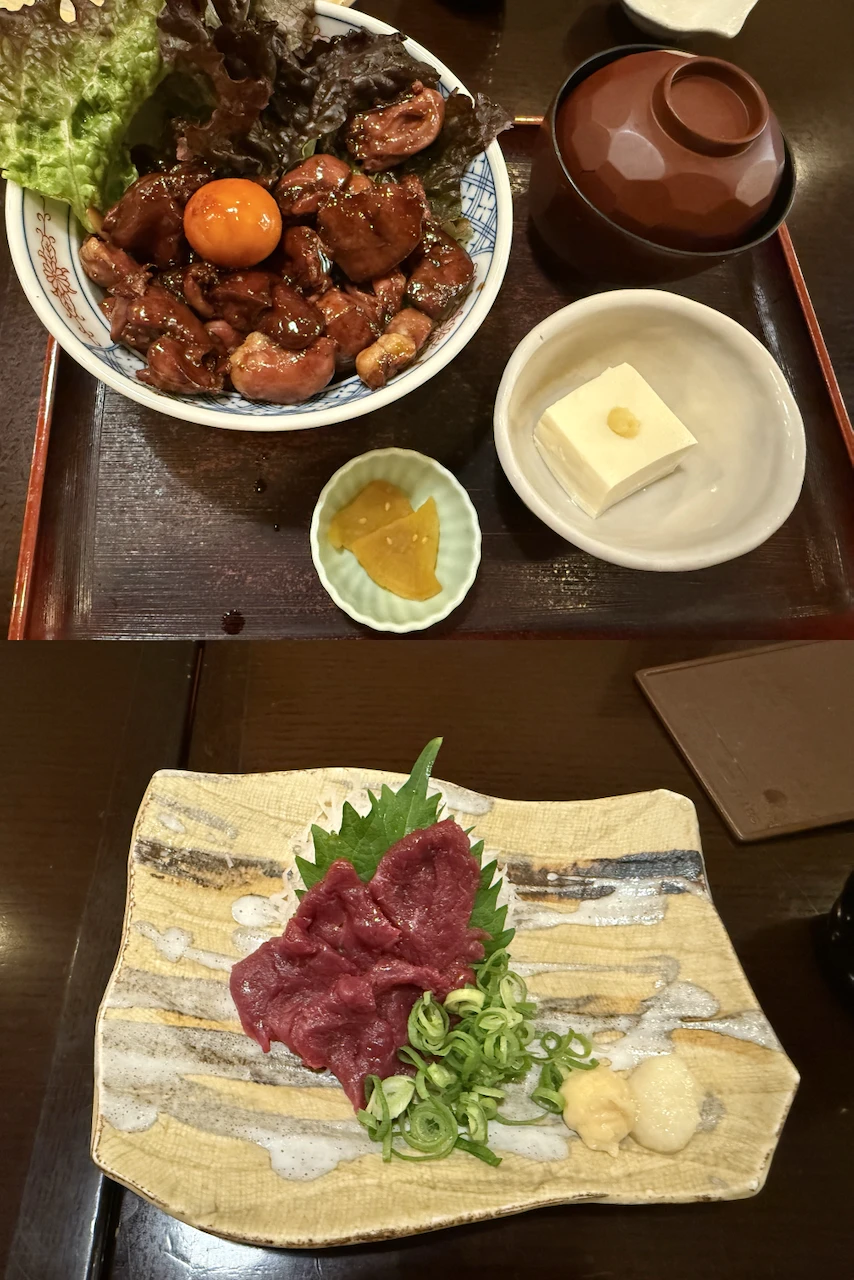甲府鳥もつ丼と馬刺し